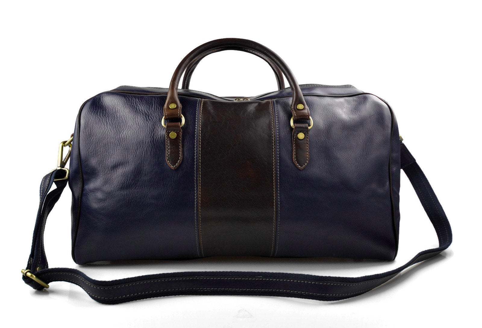 Duffle bag genuine leather shoulder bag blue - dark brown men women travel bag - Bags