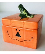 Halloween Pumpkin Square Ceramic Dish with Lid Funny Face Orange Green B... - $22.42