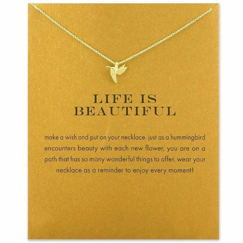 Hummingbird necklace dainty Gold Dipped 18 inspirational life is beautiful card