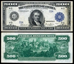 Reproduction US $500 Dollar Bill, Series 1918 Large size with BLUE seal ...