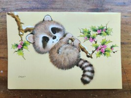 Vintage Christmas Postcard Holly and Raccoon  New Unposted  - $5.28