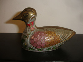 Old Vtg Collectible Brass Duck Bird Figure Figurine Colorful Color Design - £24.01 GBP