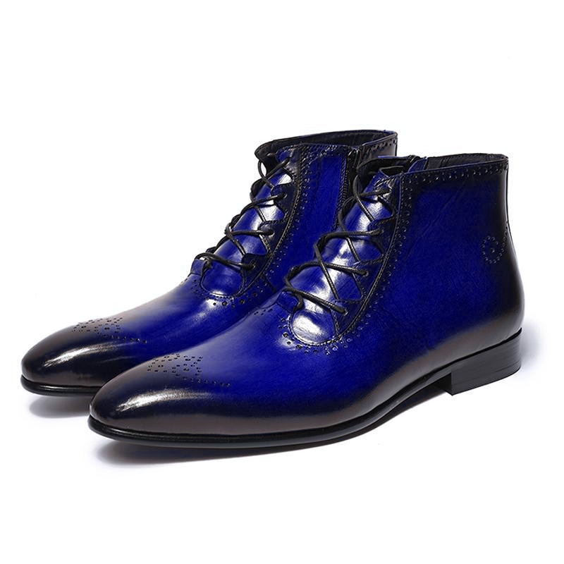 Blue Chukka Handmade Premium Leather Party Wear Burnished Brogue Toe Men Boots