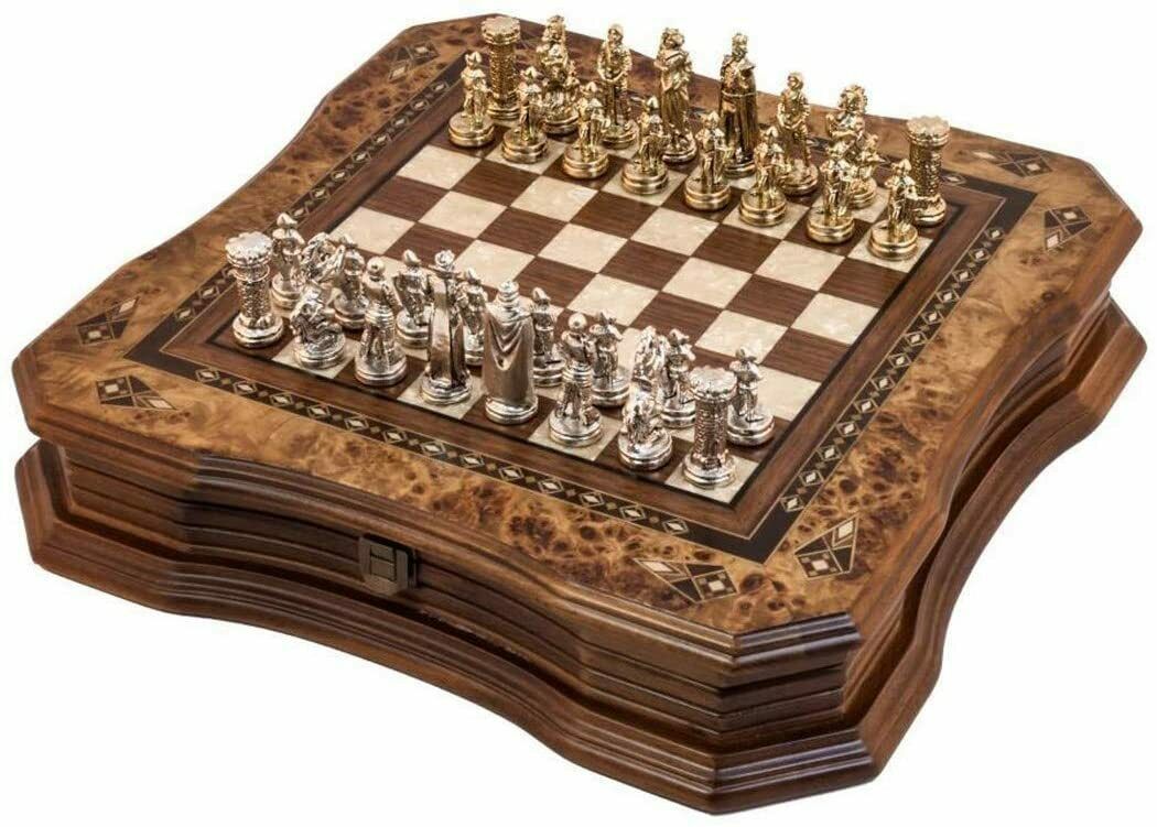 Handmade Chess Set Mosaic Art 15 - Wooden Chess Board with Metal Chess Pieces