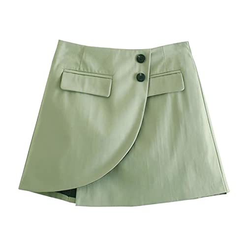 Vintage Solid Color Button Up Hem Irregular Wrap Skirt Female Back Zipper Casual