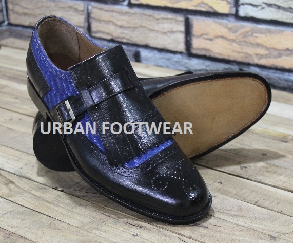 New Mens Handmade Shoes Formal Black Leather & Blue Jeans Single Buckle Style - Dress/Formal