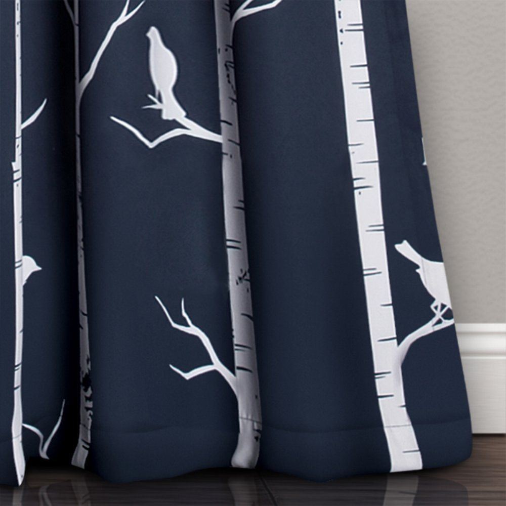 Set 2 Navy Blue Nature Bird Trees Curtains Panels Drapes 84 inch Room