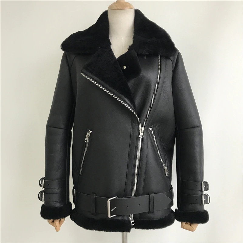 New black faux leather shearling warm women aviator coat winter pilot jacket - Outerwear