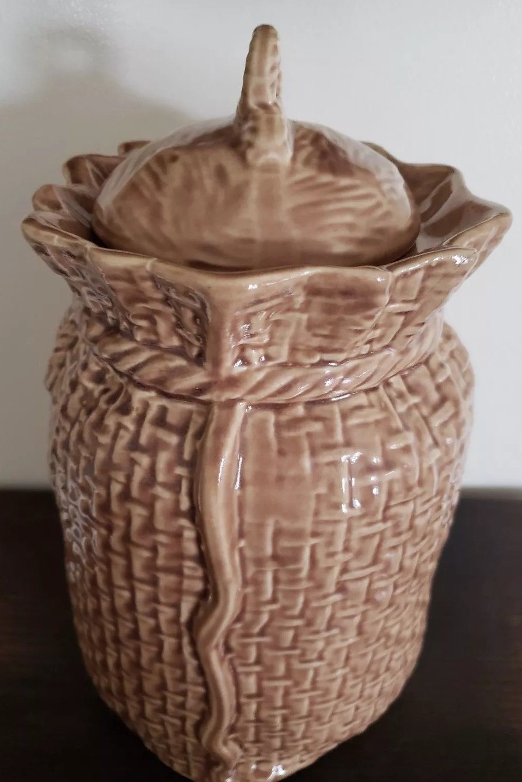 McCoy Pottery Burlap Sack Cookie Jar Vintage Canister Basket Weave 11.5" Tall Kitchen & Home