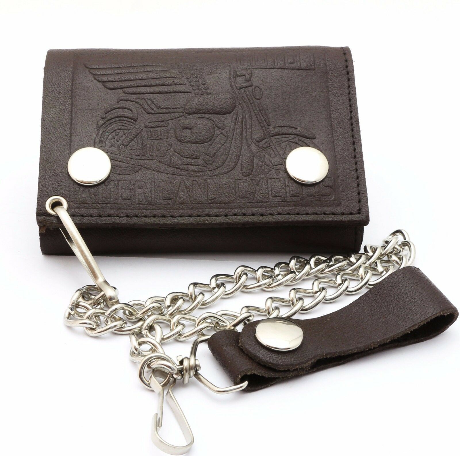 Trifold Brown Leather Biker Chain Wallet with Embossed Motorcycle Design - Wallets