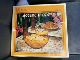 1970's Anchor Hocking Accent Modern 3 Pce.  Honey gold   Chip & Dip Set Box - $34.65