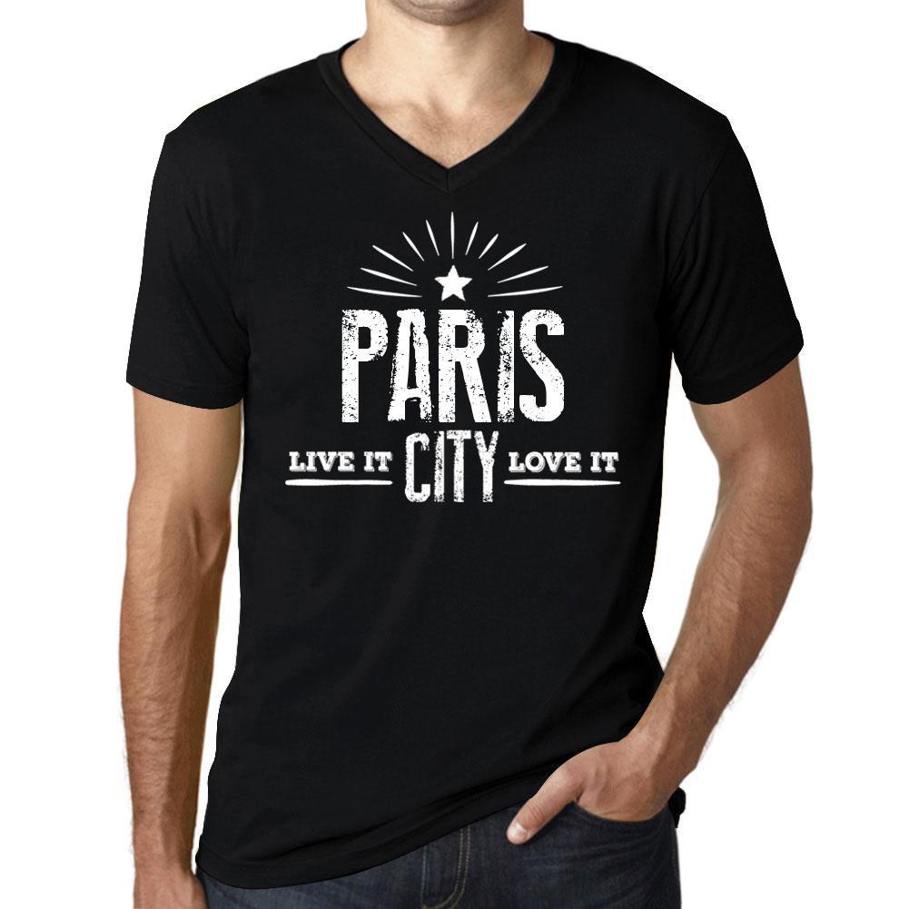 Men’s Vintage Tee Shirt Graphic V-Neck T shirt Live It Love It PARIS Deep Black