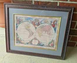 Colorful Old World Map 23&quot; x 19 Framed gold French Royal Academy VTG Wal... - $79.10
