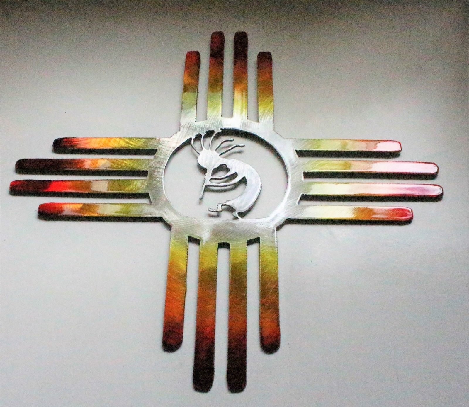 Southwestern Zia with Kokopelli Metal Wall Art Decor 14 " Fire Tainted