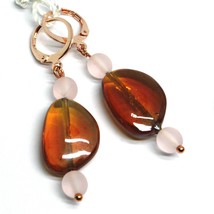 PENDANT ROSE EARRINGS PINK AMBER ROUNDED DROP MURANO GLASS 4.8cm 1.9" ITALY MADE image 1