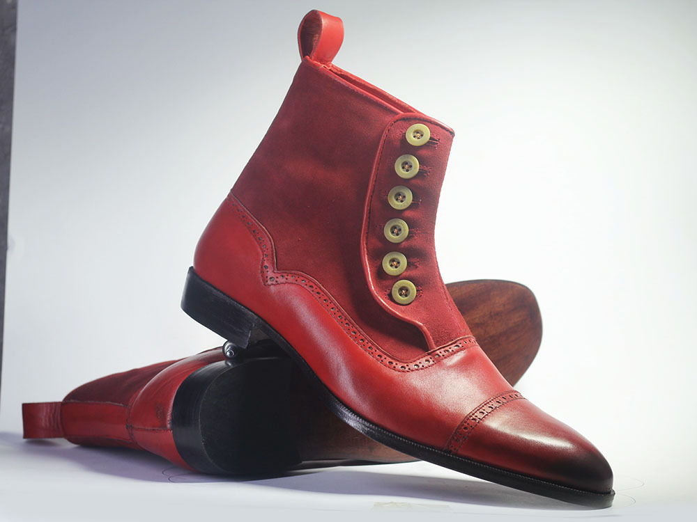 Handmade Ankle High Burgundy Cap Toe Boots, Men Leather Suede Button Top Boots