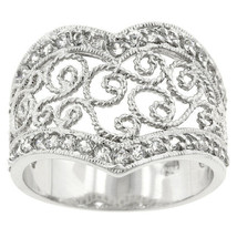 Filigree Love Heart Shaped Cz Scrolled Design Band Silver Tone Brass Ring - $34.00