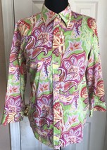 Ralph Lauren Lime Green &amp; Pink Floral Pattern Button Front Shirt Womens ... - $24.74