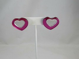 Vintage Pink Heart Pierced Earrings Mirror Hot Bright Fuscia 50073 - $11.87