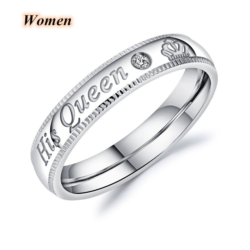 Carofeez Fashion Stainless Steel Couple Rings Her King and His Queen Zircon Wedd
