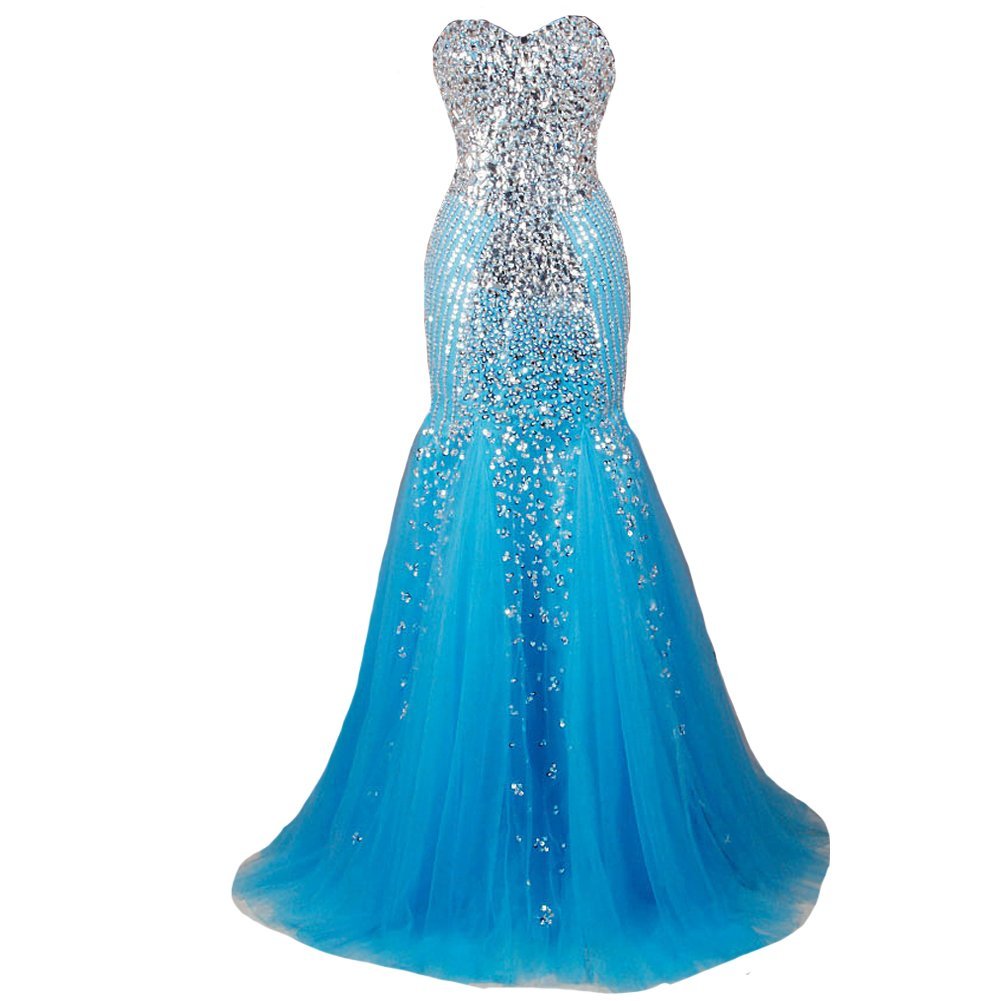 Kivary Mermaid Long Crystals Beaded Tulle Prom Dresses Evening Gowns Blue Plus S