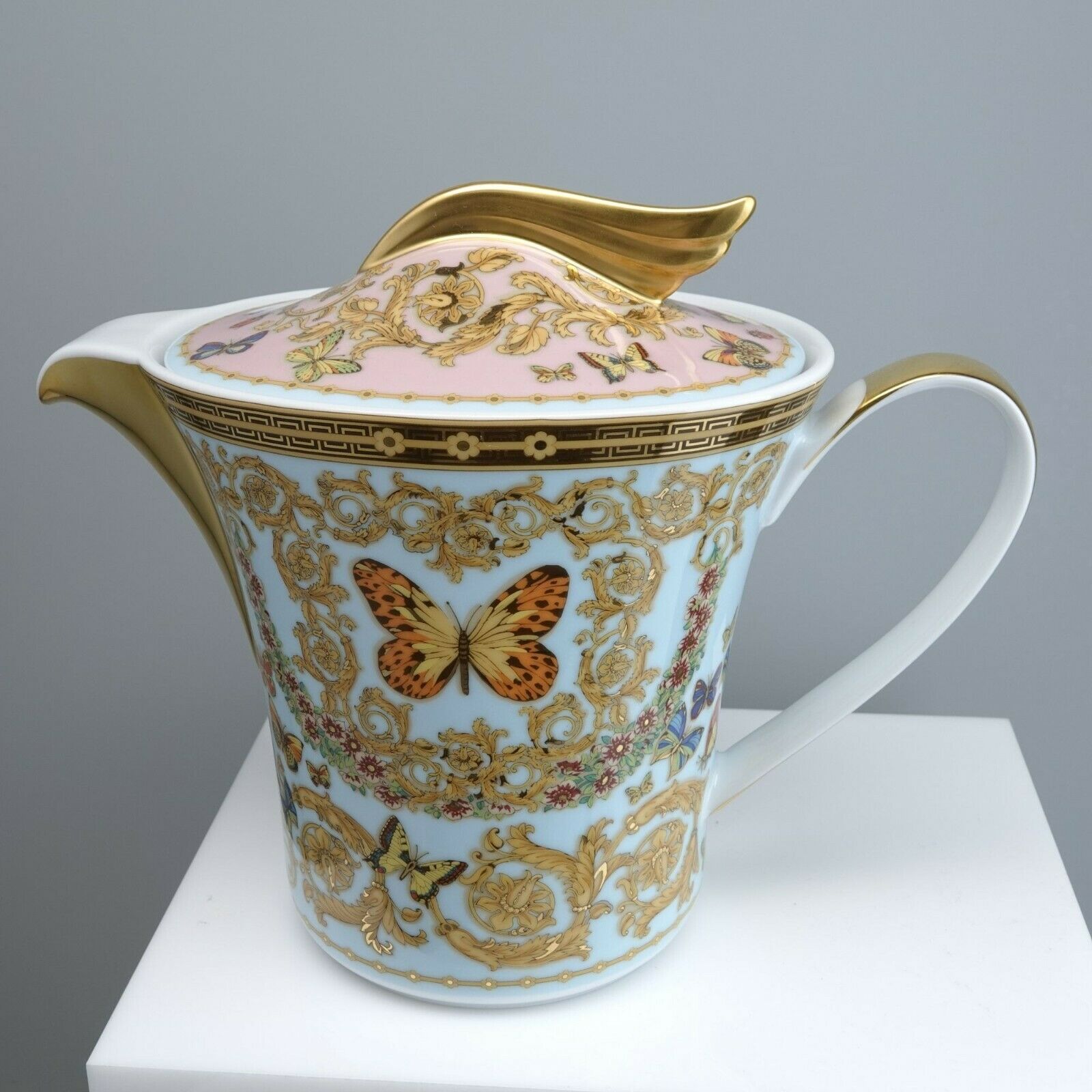 Rosenthal Versace Teapot Le Jardin de Versace Pink and blue with Heavy Gold MINT - $636.78