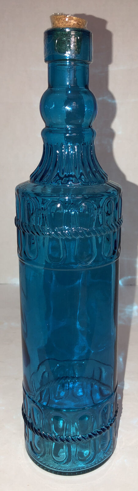 Primary image for Holiday Xmas Glass Decorating Bottle 12.25” Tall Aqua W Cork & Raised Design NEW