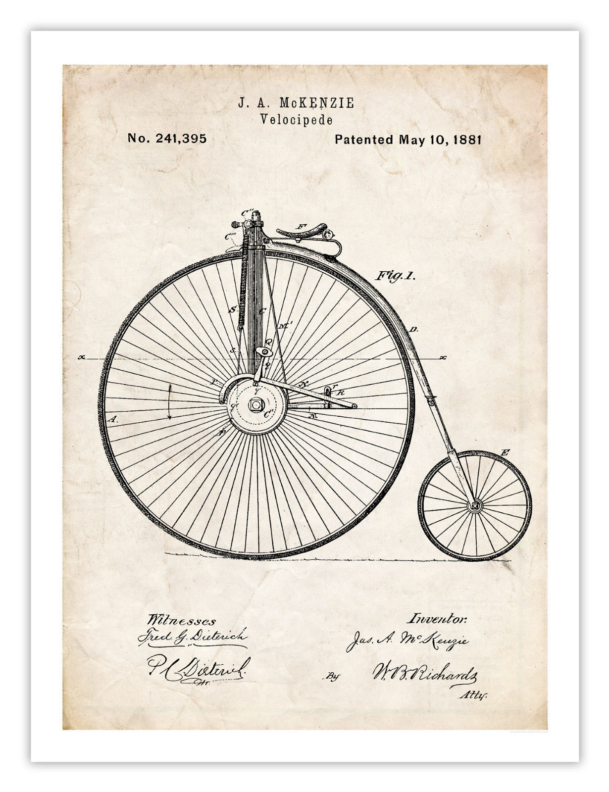 OLD BICYCLE POSTER 1881 US PATENT ART PRINT 18X24" VINTAGE VELOCIPEDE