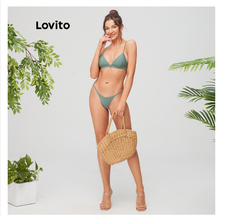 Lovito Sexy Plain Spaghetti Strap Drop Waist Skinny Slight Stretch Bikini Sets