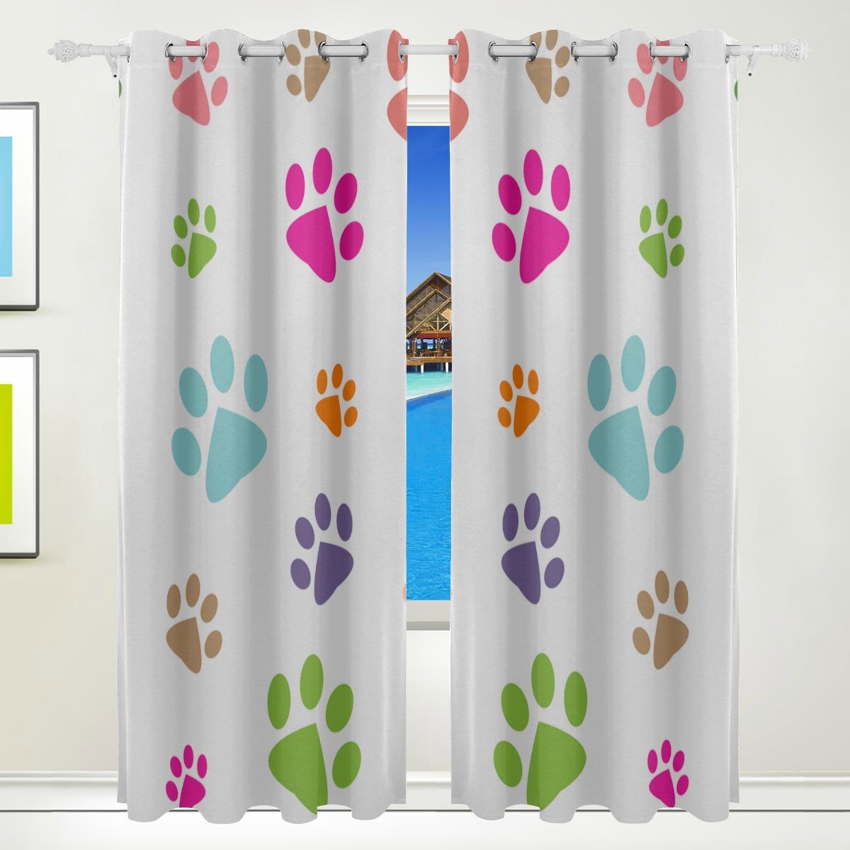 84 Inch Window Curtains Cute Dog Paw Print Cartoon Print Modern Window ...