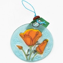 Orange Poppy Flower Fused Art Glass Ornament Sun Catcher Handmade Ecuador
