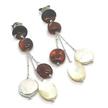 18K WHITE GOLD PENDANT EARRINGS, 3 WIRES, PEARL DISC, OVAL MOTHER OF PEARL AMBER image 2