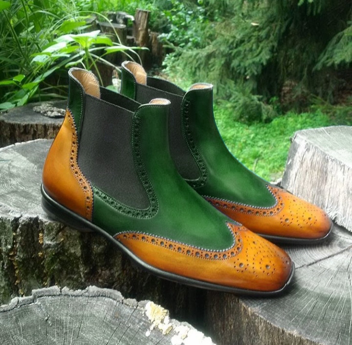 New Handmade Men's Chelsea Boot, Men's Tan Green Color Leather & Suede Chelsea
