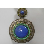  Vintage Rhinestone Turquoise Blue Stone Medallion Pendant Necklace Leat... - $55.00