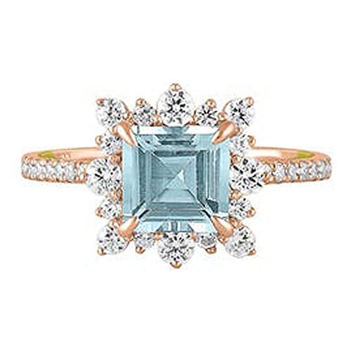 Elegant Touch 14K Rose Gold Plated Princess Cut Aquamarine Halo Diamond Ring Shi