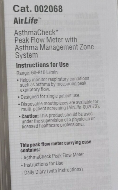 Airlife Asthma Check Peak Flow Meter 002068 Management Zone System