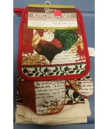 5 pc KITCHEN SET: 2 POT HOLDERS,1 OVEN MITT, 2 TOWELS, ROOSTER &amp; LEAVES ... - $14.84