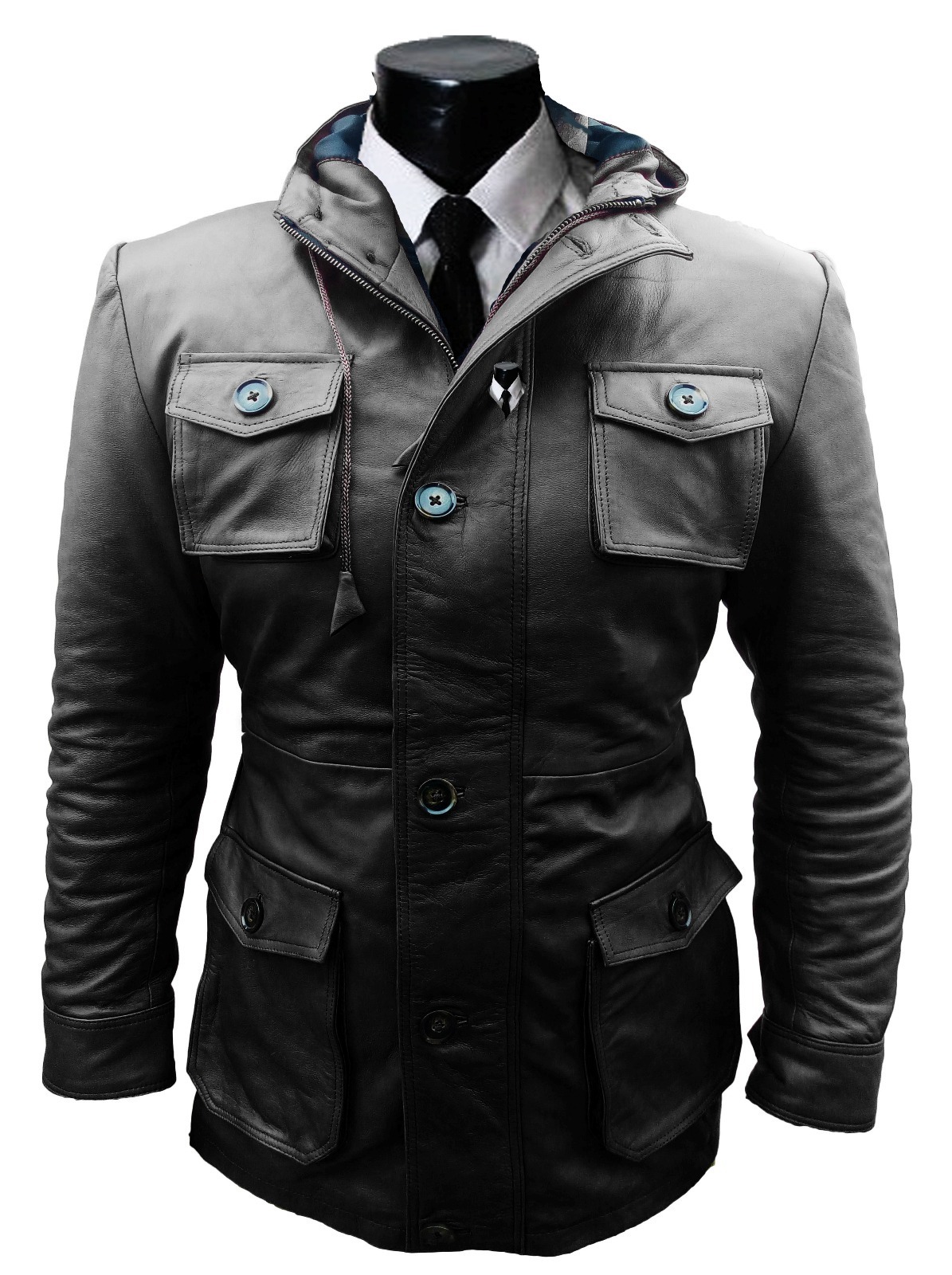 Mens black hooded long jacket, Men multi pockets leather jacket, Mens