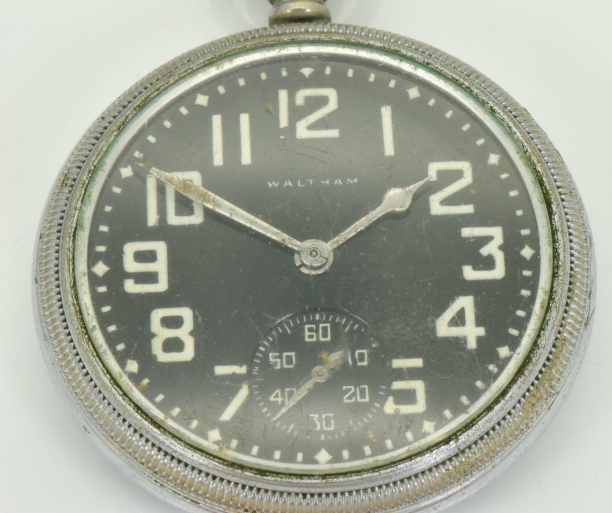 Rare USA Waltham WWII military Navy black dial pocket watch.Perfect working Antique