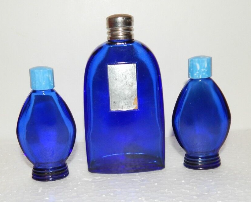 3 Vintage BOURJOIS EVENING IN PARIS Empty Perfume Bottles Cobalt Blue Capped A1 - $22.72