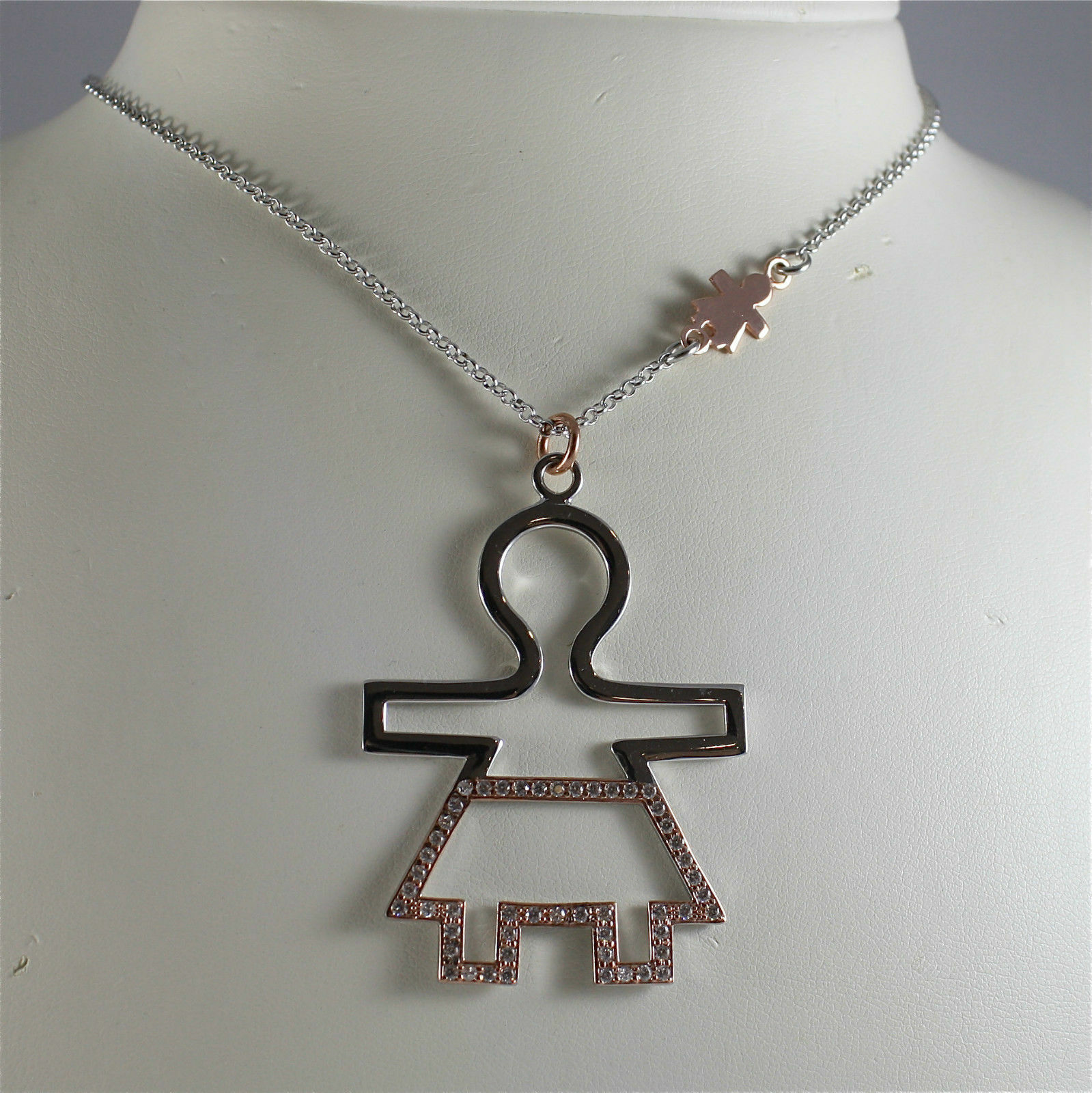 Primary image for 925 SILVER, AQUAFORTE NECKLACE, RHODIUM SILVER, ROSE PLATED BABY CHARM, ZIRCONIA