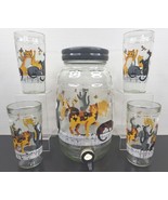 5 Pc Anchor Hocking Cats Butterflies On Fence Glasses Jug Dispenser Set ... - $128.37