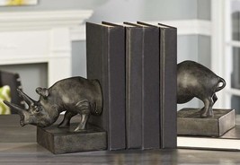 Rhinoceros Book Ends Rhino Set  5.7" High Antiqued Black Gold Finish Polyresin image 2