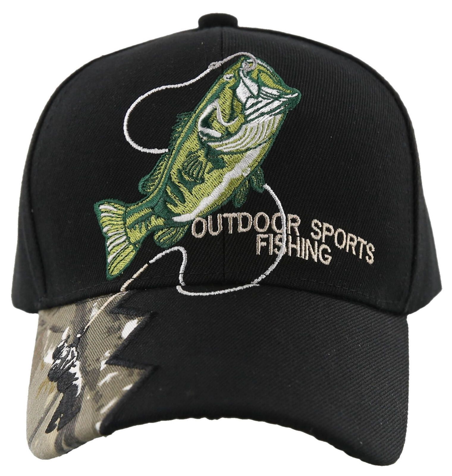 NEW! FISH BASS OUTDOOR SPORT FISHING BALL CAP HAT BLACK Men's Hats