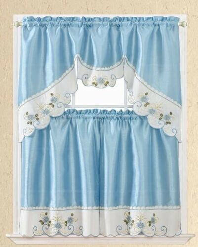 FLOWERS BLUE AND BEIGE EMBROIDERED DECORATIVE KITCHEN CURTAIN 3 PCS SET