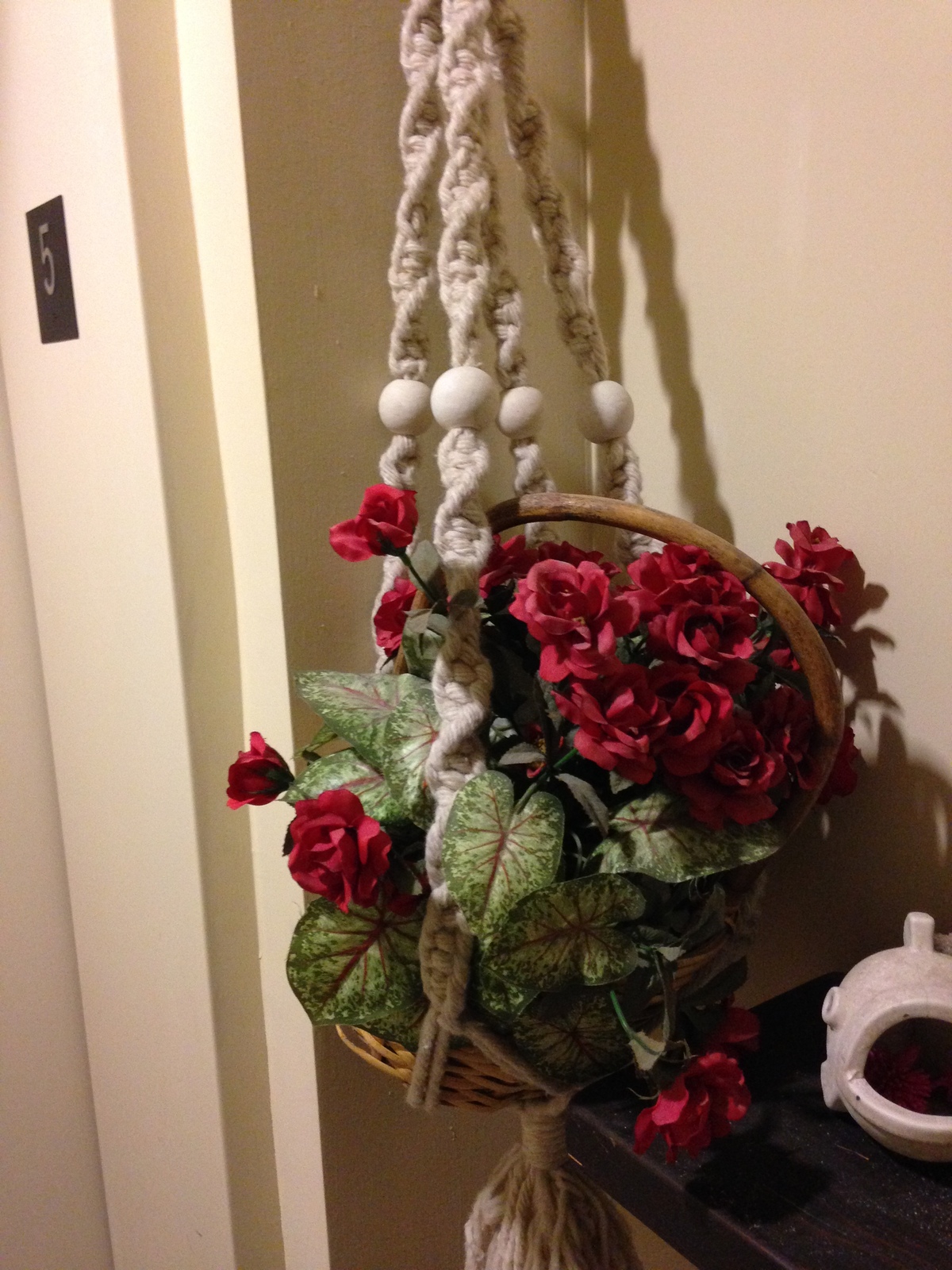  silk plant in basket with macrame hanger - $69.99