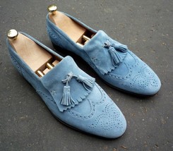Handmade Men's Blue Suede Fringe Slip Ons Loafer Tassel Shoes image 1