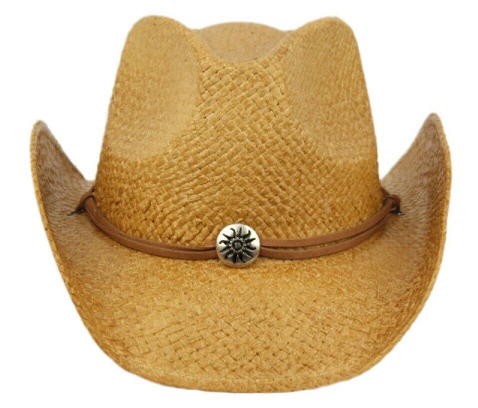 Cowboy Hat Sun Straw Vintage Studded Leather Chin Strap Western Concert Mens Hat