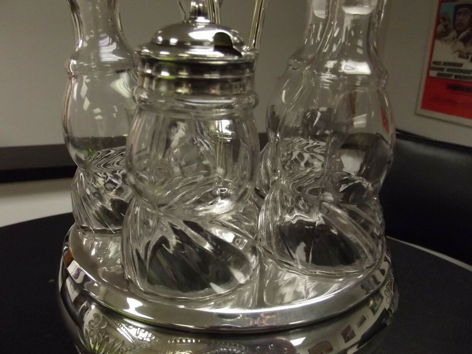 Antique Vintage Glass 5 Bottle Castor, cruet, Condiment Set MERIDEN