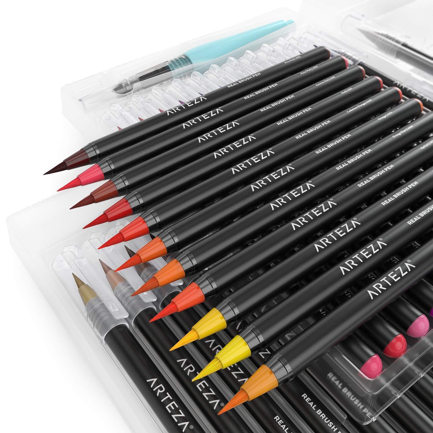 Arteza Real Brush Pens, 48 Colors for Watercolor Painting with Flexible